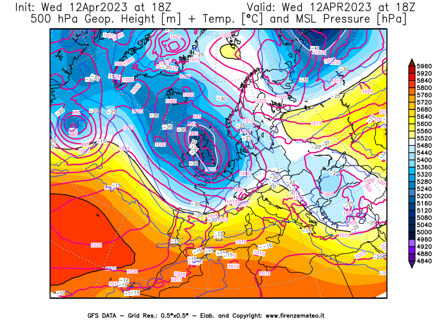 GFS analysi map - Geopotential [m] + Temp. [°C] at 500 hPa + Sea Level Pressure [hPa] in Europe
									on 12/04/2023 18 <!--googleoff: index-->UTC<!--googleon: index-->