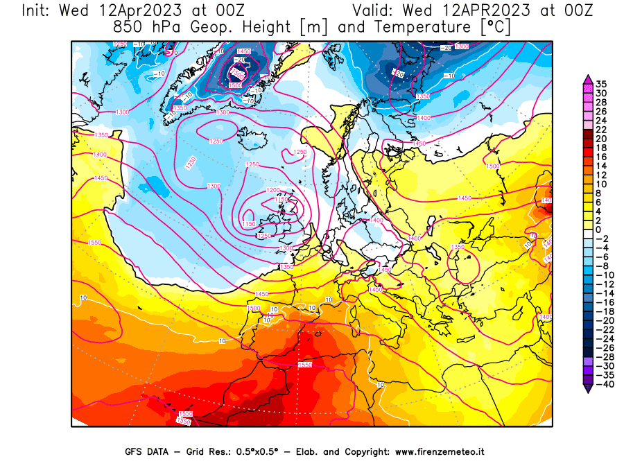 GFS analysi map - Geopotential [m] and Temperature [°C] at 850 hPa in Europe
									on 12/04/2023 00 <!--googleoff: index-->UTC<!--googleon: index-->