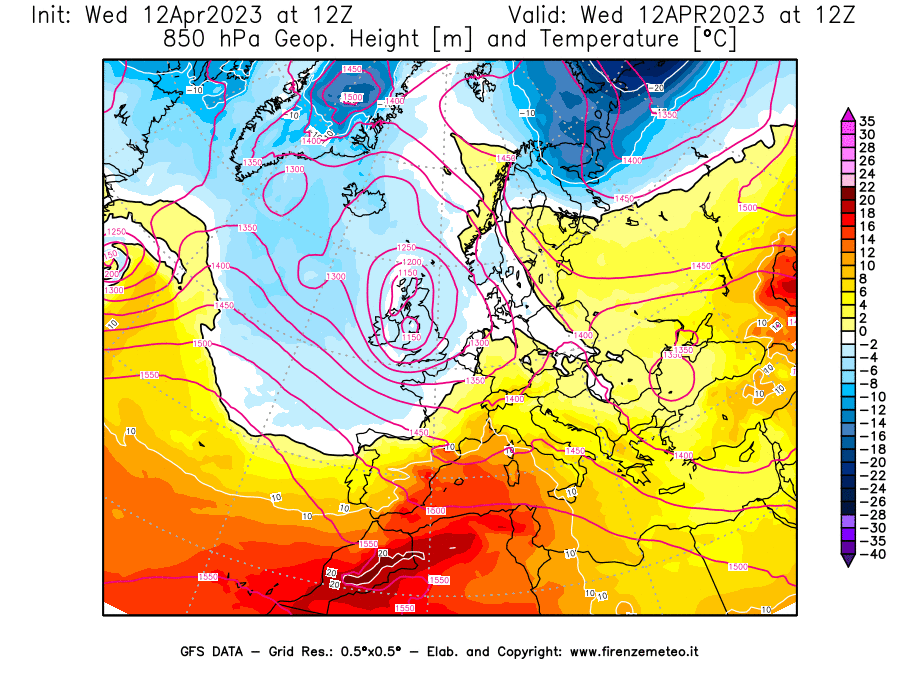 GFS analysi map - Geopotential [m] and Temperature [°C] at 850 hPa in Europe
									on 12/04/2023 12 <!--googleoff: index-->UTC<!--googleon: index-->