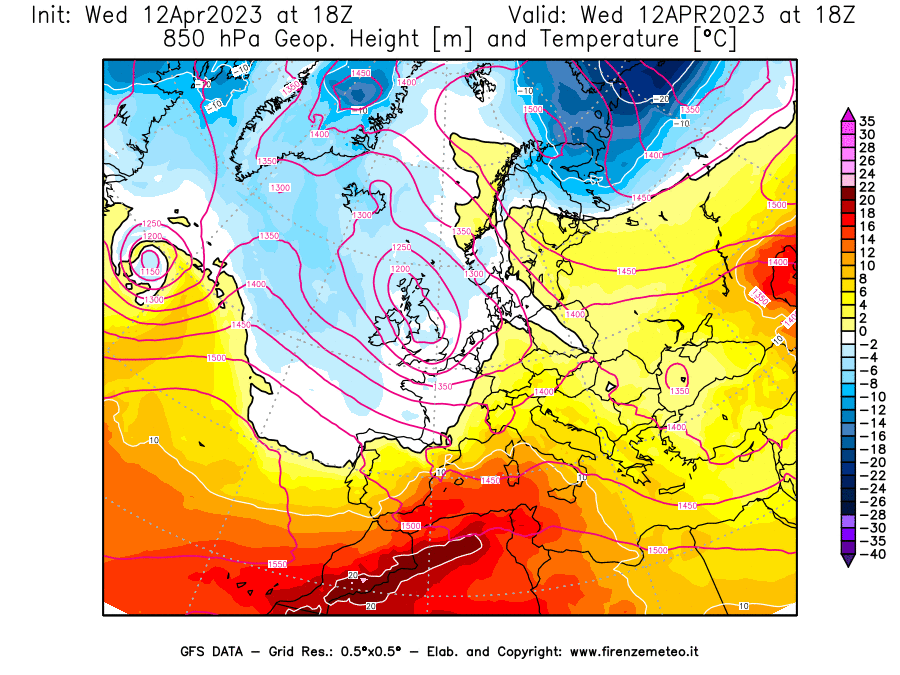 GFS analysi map - Geopotential [m] and Temperature [°C] at 850 hPa in Europe
									on 12/04/2023 18 <!--googleoff: index-->UTC<!--googleon: index-->