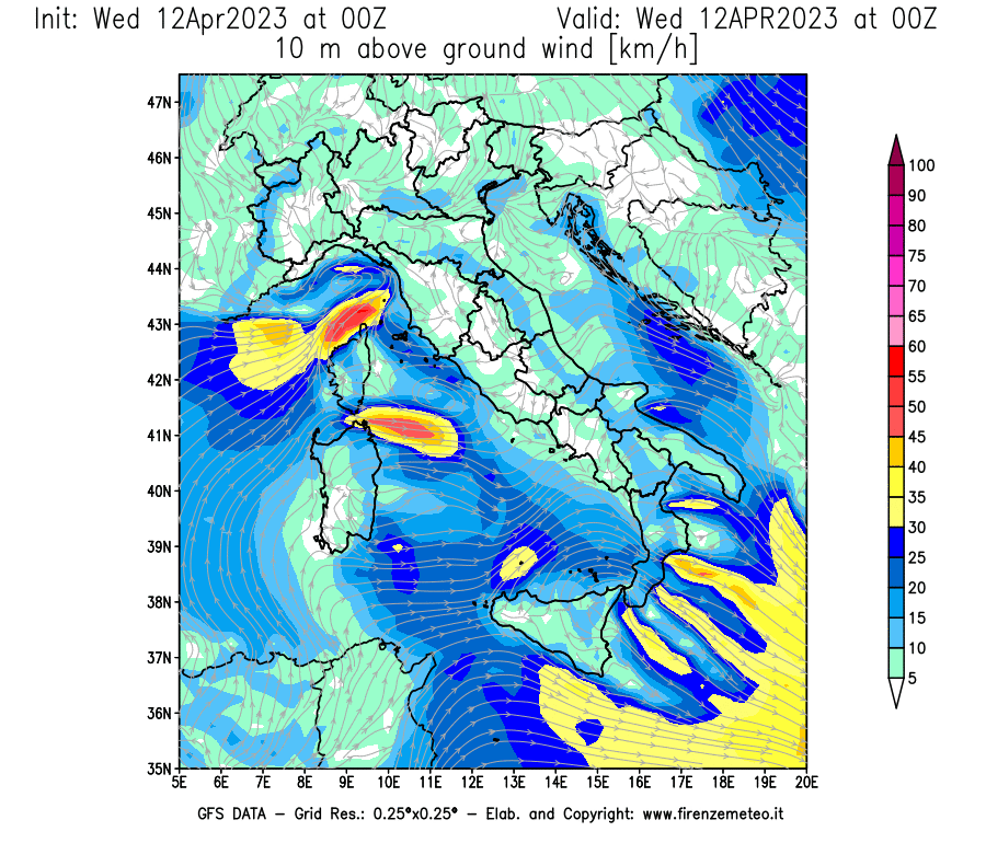 GFS analysi map - Wind Speed at 10 m above ground [km/h] in Italy
									on 12/04/2023 00 <!--googleoff: index-->UTC<!--googleon: index-->