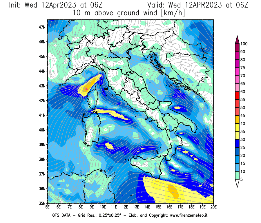 GFS analysi map - Wind Speed at 10 m above ground [km/h] in Italy
									on 12/04/2023 06 <!--googleoff: index-->UTC<!--googleon: index-->