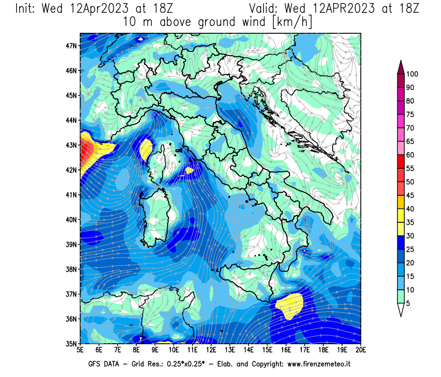 GFS analysi map - Wind Speed at 10 m above ground [km/h] in Italy
									on 12/04/2023 18 <!--googleoff: index-->UTC<!--googleon: index-->