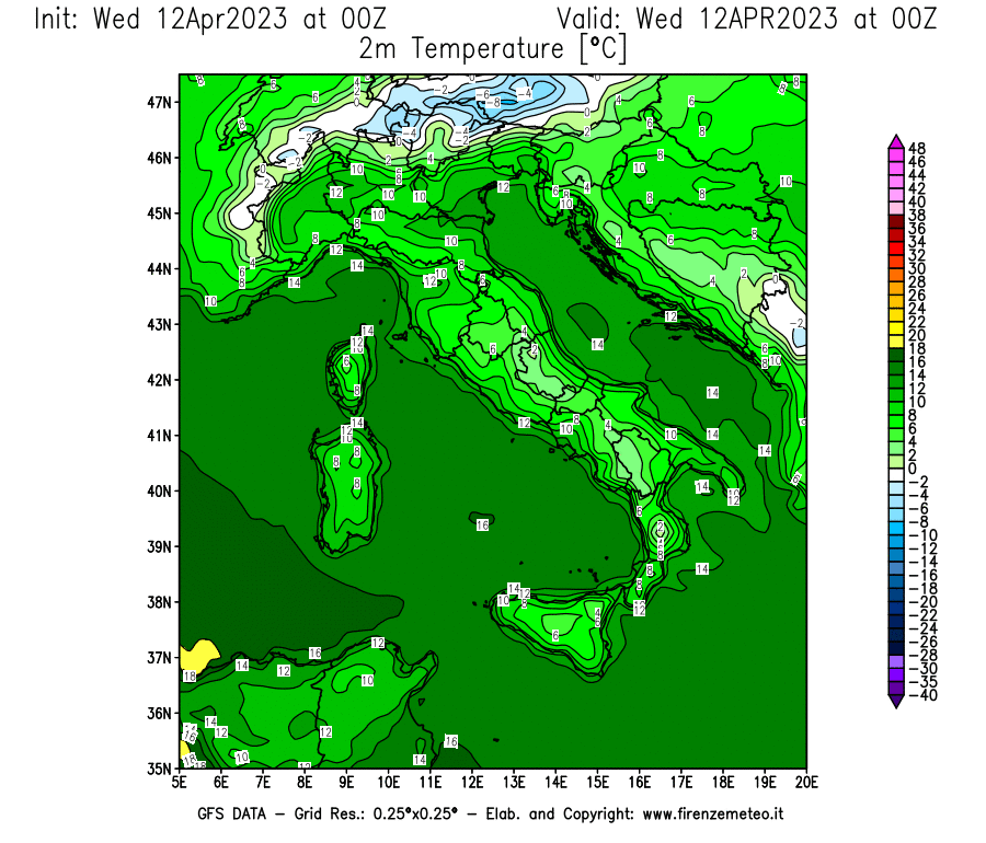 GFS analysi map - Temperature at 2 m above ground [°C] in Italy
									on 12/04/2023 00 <!--googleoff: index-->UTC<!--googleon: index-->