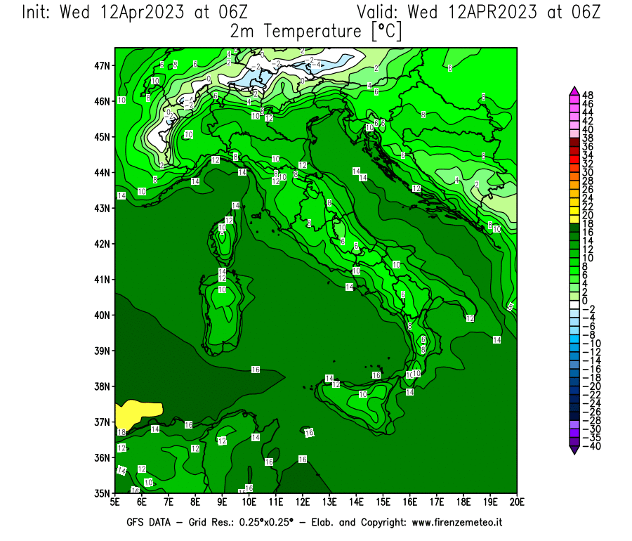GFS analysi map - Temperature at 2 m above ground [°C] in Italy
									on 12/04/2023 06 <!--googleoff: index-->UTC<!--googleon: index-->