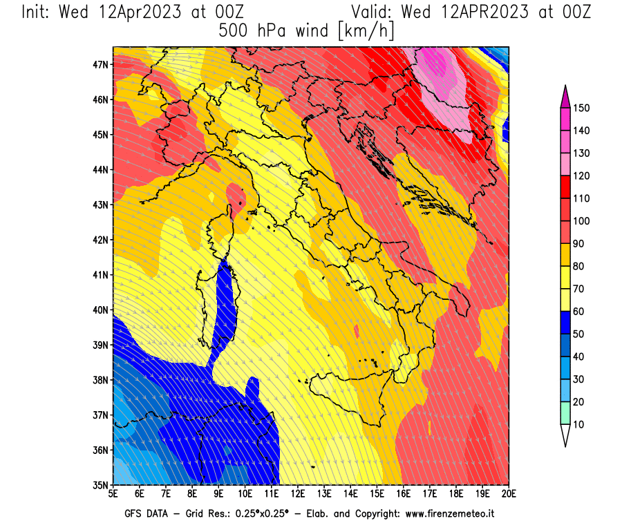 GFS analysi map - Wind Speed at 500 hPa [km/h] in Italy
									on 12/04/2023 00 <!--googleoff: index-->UTC<!--googleon: index-->