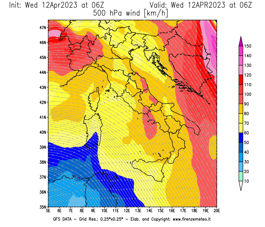 GFS analysi map - Wind Speed at 500 hPa [km/h] in Italy
									on 12/04/2023 06 <!--googleoff: index-->UTC<!--googleon: index-->