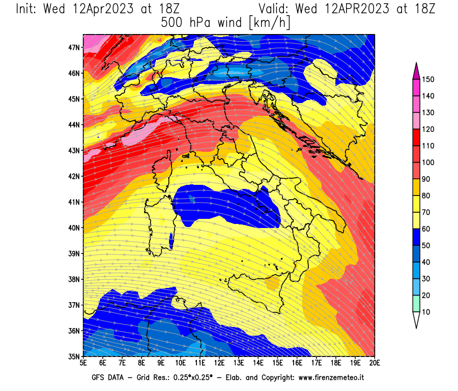 GFS analysi map - Wind Speed at 500 hPa [km/h] in Italy
									on 12/04/2023 18 <!--googleoff: index-->UTC<!--googleon: index-->