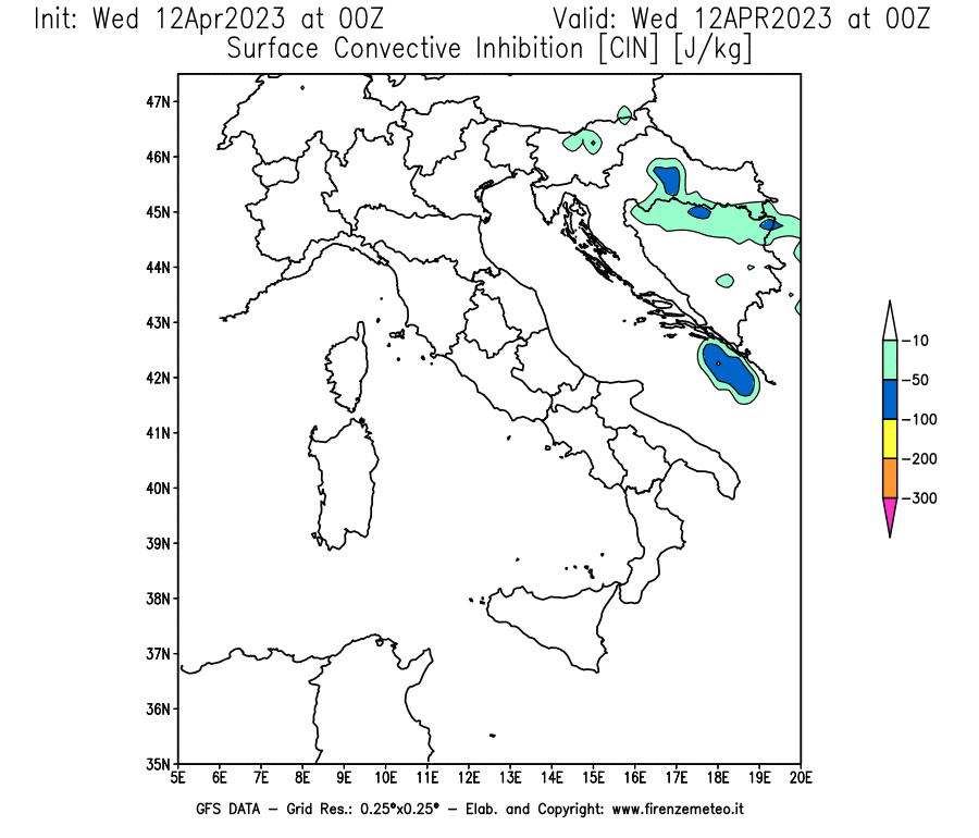 GFS analysi map - CIN [J/kg] in Italy
									on 12/04/2023 00 <!--googleoff: index-->UTC<!--googleon: index-->