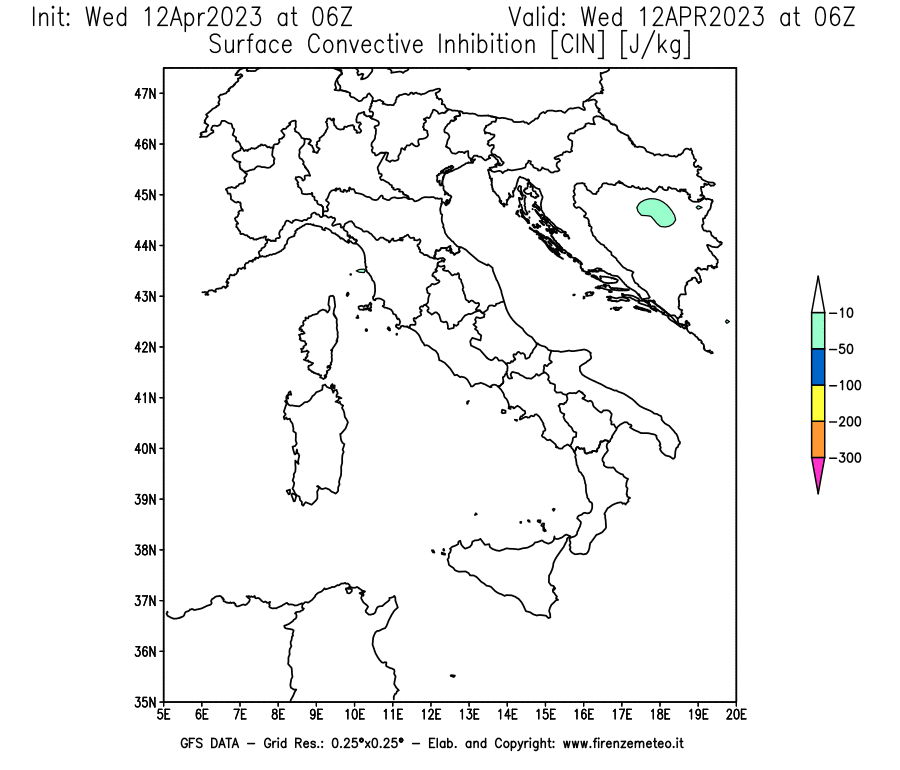 GFS analysi map - CIN [J/kg] in Italy
									on 12/04/2023 06 <!--googleoff: index-->UTC<!--googleon: index-->