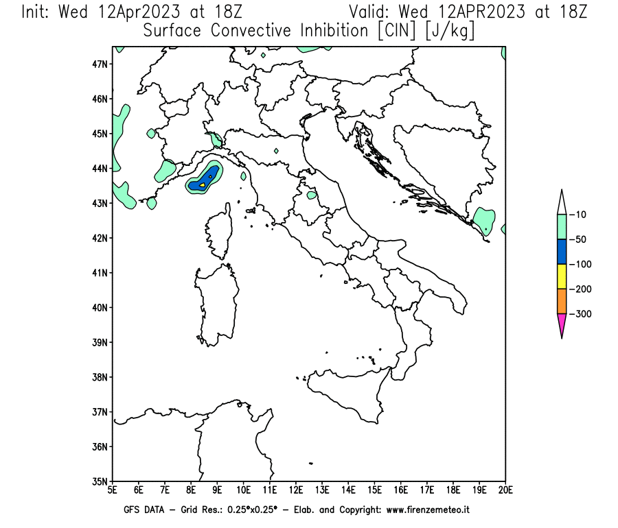 GFS analysi map - CIN [J/kg] in Italy
									on 12/04/2023 18 <!--googleoff: index-->UTC<!--googleon: index-->