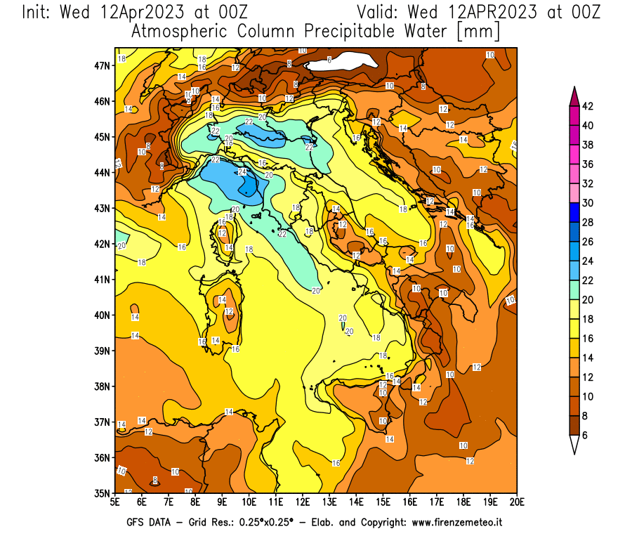 GFS analysi map - Precipitable Water [mm] in Italy
									on 12/04/2023 00 <!--googleoff: index-->UTC<!--googleon: index-->