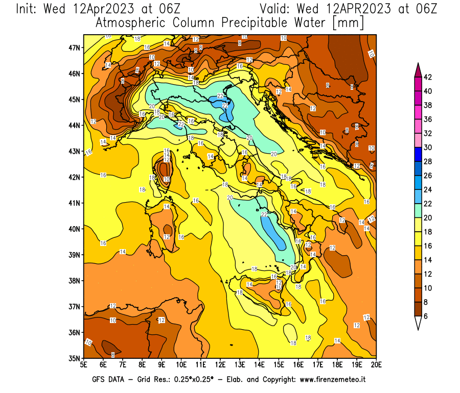 GFS analysi map - Precipitable Water [mm] in Italy
									on 12/04/2023 06 <!--googleoff: index-->UTC<!--googleon: index-->
