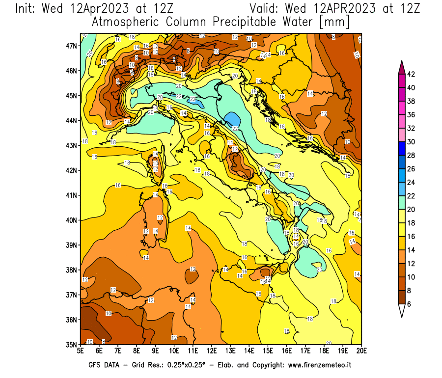 GFS analysi map - Precipitable Water [mm] in Italy
									on 12/04/2023 12 <!--googleoff: index-->UTC<!--googleon: index-->