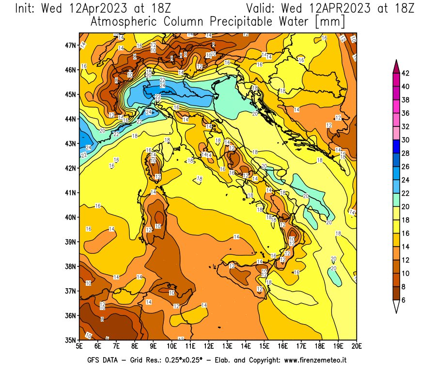 GFS analysi map - Precipitable Water [mm] in Italy
									on 12/04/2023 18 <!--googleoff: index-->UTC<!--googleon: index-->