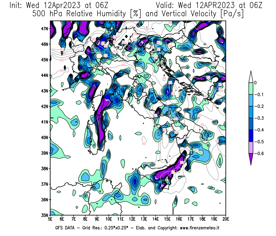 GFS analysi map - Relative Umidity [%] and Omega [Pa/s] at 500 hPa in Italy
									on 12/04/2023 06 <!--googleoff: index-->UTC<!--googleon: index-->