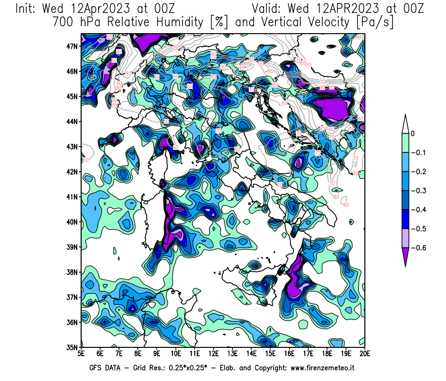 GFS analysi map - Relative Umidity [%] and Omega [Pa/s] at 700 hPa in Italy
									on 12/04/2023 00 <!--googleoff: index-->UTC<!--googleon: index-->
