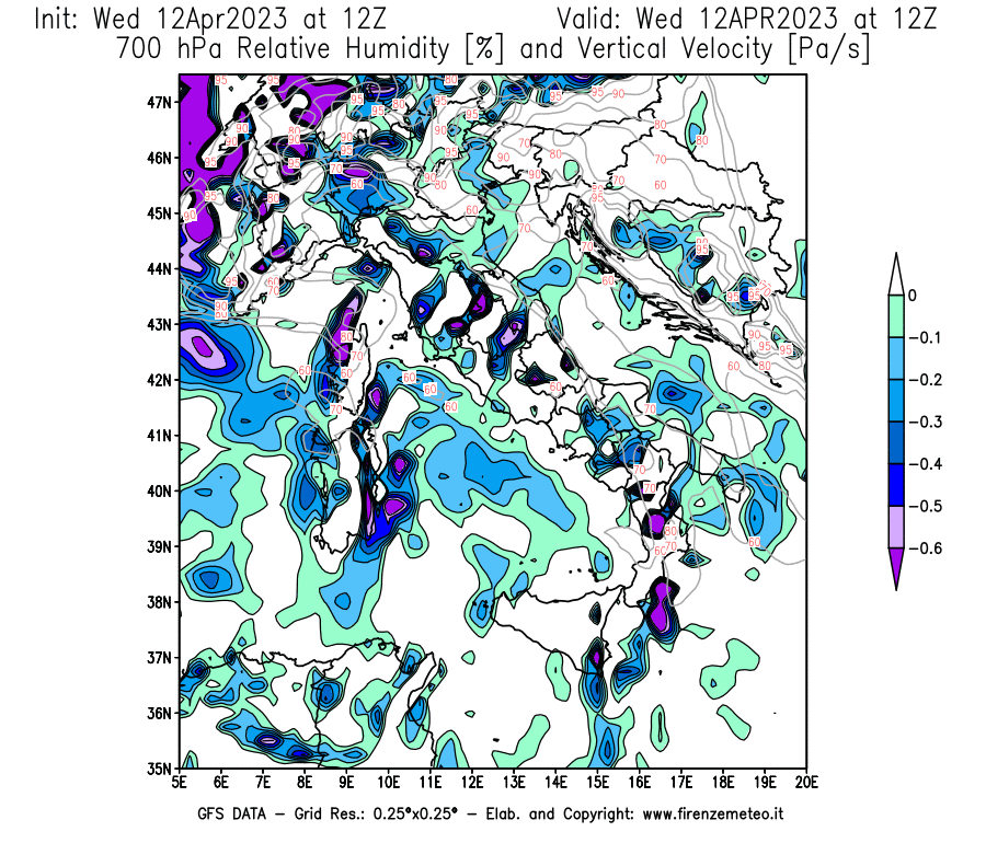 GFS analysi map - Relative Umidity [%] and Omega [Pa/s] at 700 hPa in Italy
									on 12/04/2023 12 <!--googleoff: index-->UTC<!--googleon: index-->