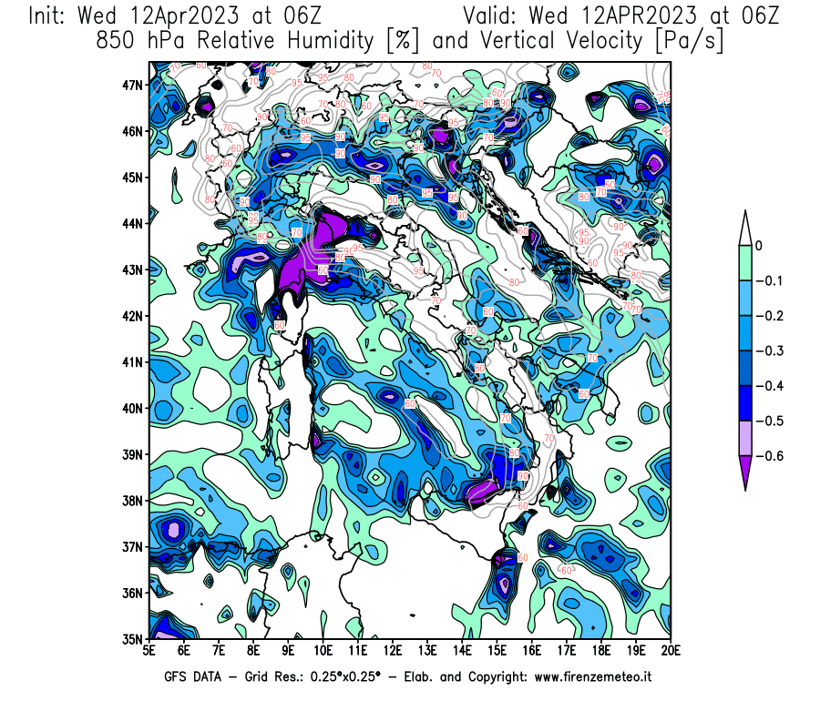 GFS analysi map - Relative Umidity [%] and Omega [Pa/s] at 850 hPa in Italy
									on 12/04/2023 06 <!--googleoff: index-->UTC<!--googleon: index-->