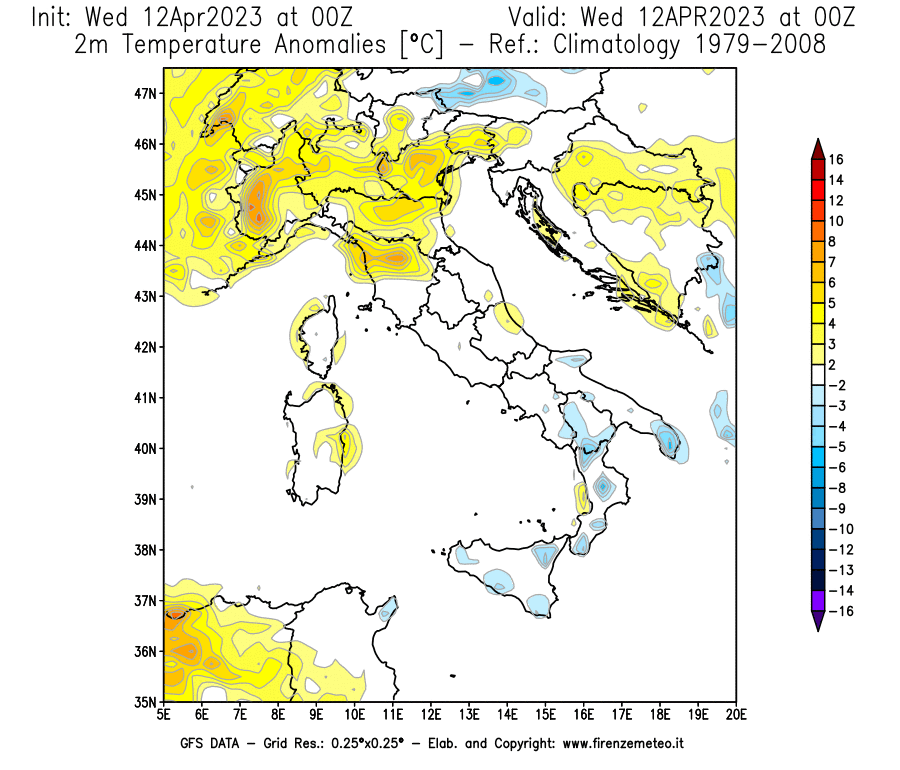GFS analysi map - Temperature Anomalies [°C] at 2 m in Italy
									on 12/04/2023 00 <!--googleoff: index-->UTC<!--googleon: index-->