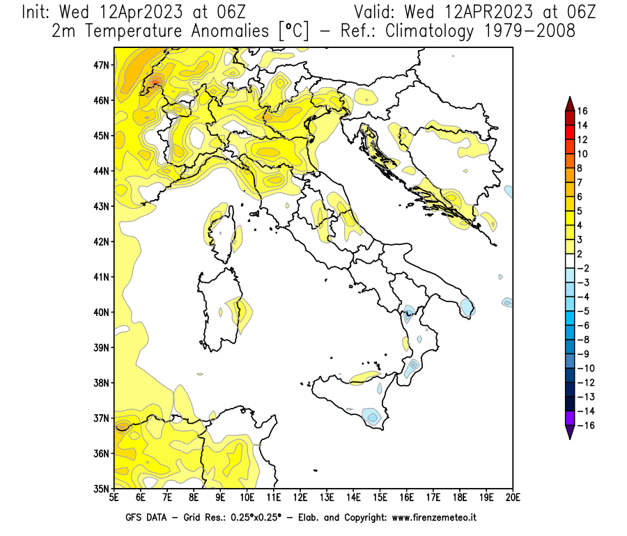 GFS analysi map - Temperature Anomalies [°C] at 2 m in Italy
									on 12/04/2023 06 <!--googleoff: index-->UTC<!--googleon: index-->