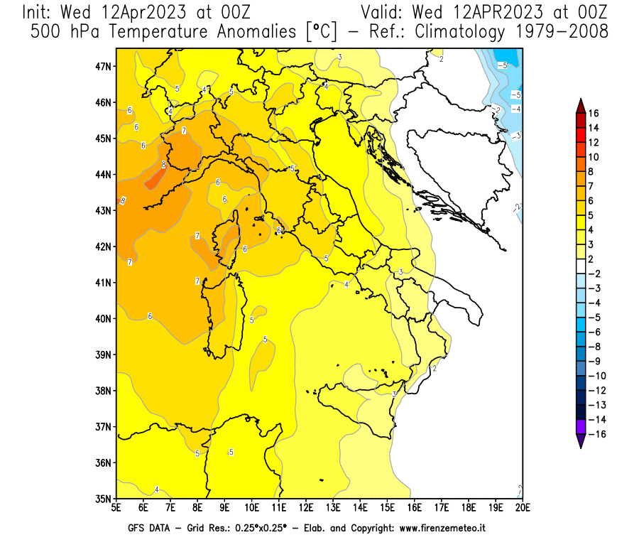 GFS analysi map - Temperature Anomalies [°C] at 500 hPa in Italy
									on 12/04/2023 00 <!--googleoff: index-->UTC<!--googleon: index-->