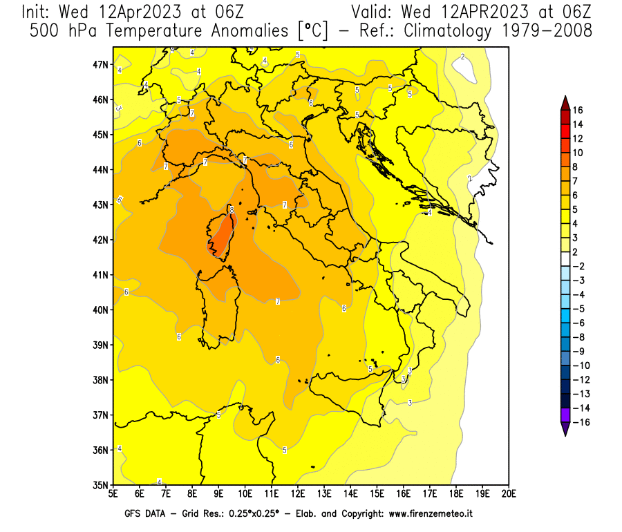 GFS analysi map - Temperature Anomalies [°C] at 500 hPa in Italy
									on 12/04/2023 06 <!--googleoff: index-->UTC<!--googleon: index-->