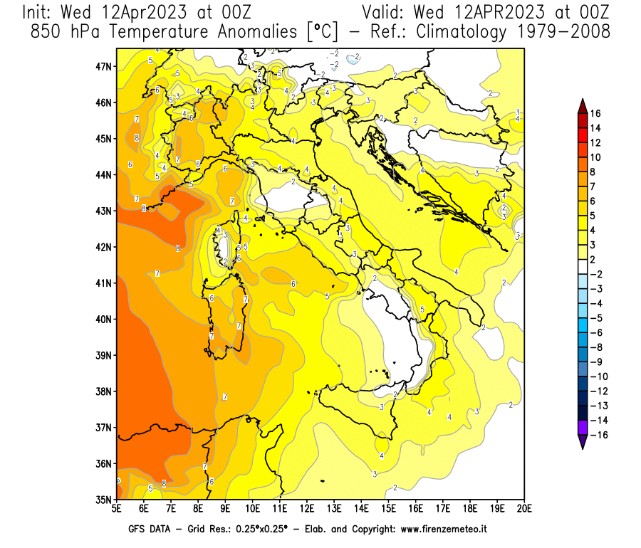 GFS analysi map - Temperature Anomalies [°C] at 850 hPa in Italy
									on 12/04/2023 00 <!--googleoff: index-->UTC<!--googleon: index-->