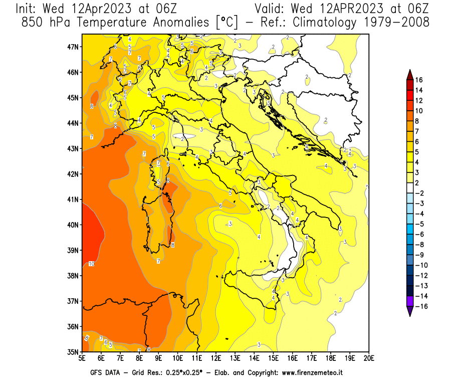 GFS analysi map - Temperature Anomalies [°C] at 850 hPa in Italy
									on 12/04/2023 06 <!--googleoff: index-->UTC<!--googleon: index-->