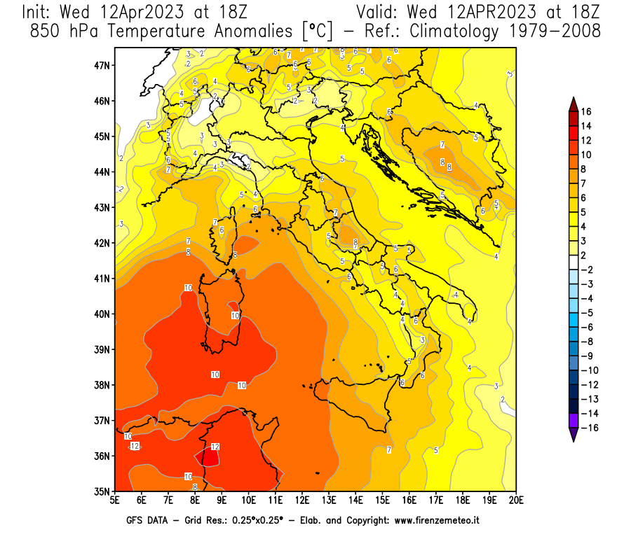 GFS analysi map - Temperature Anomalies [°C] at 850 hPa in Italy
									on 12/04/2023 18 <!--googleoff: index-->UTC<!--googleon: index-->