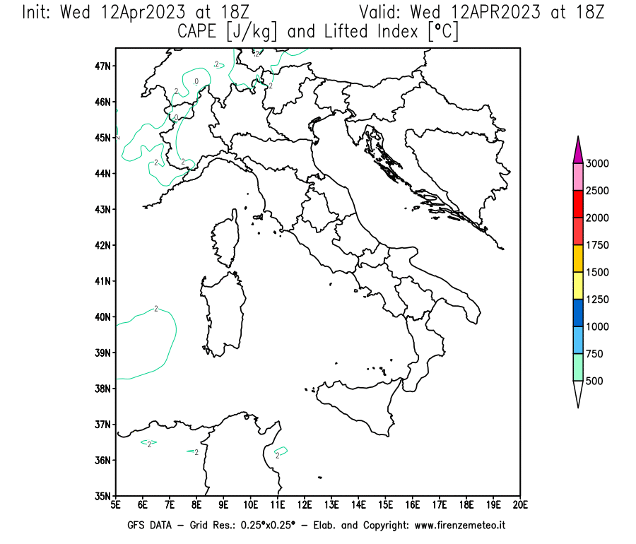 GFS analysi map - CAPE [J/kg] and Lifted Index [°C] in Italy
									on 12/04/2023 18 <!--googleoff: index-->UTC<!--googleon: index-->