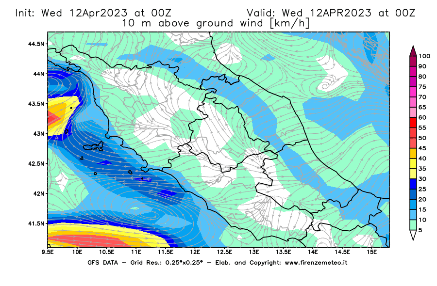 GFS analysi map - Wind Speed at 10 m above ground [km/h] in Central Italy
									on 12/04/2023 00 <!--googleoff: index-->UTC<!--googleon: index-->