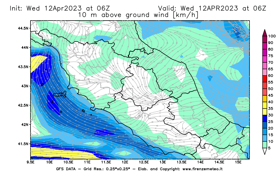GFS analysi map - Wind Speed at 10 m above ground [km/h] in Central Italy
									on 12/04/2023 06 <!--googleoff: index-->UTC<!--googleon: index-->