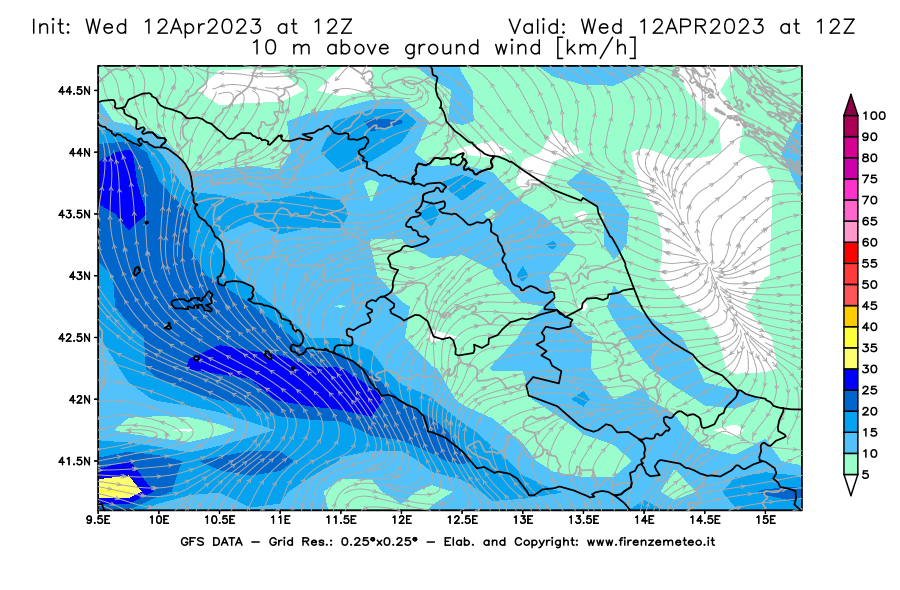 GFS analysi map - Wind Speed at 10 m above ground [km/h] in Central Italy
									on 12/04/2023 12 <!--googleoff: index-->UTC<!--googleon: index-->