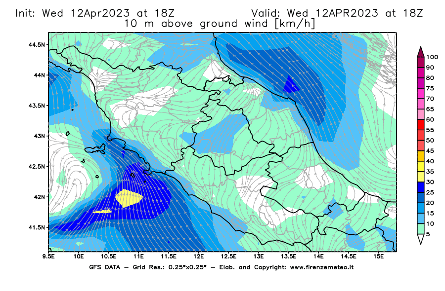 GFS analysi map - Wind Speed at 10 m above ground [km/h] in Central Italy
									on 12/04/2023 18 <!--googleoff: index-->UTC<!--googleon: index-->