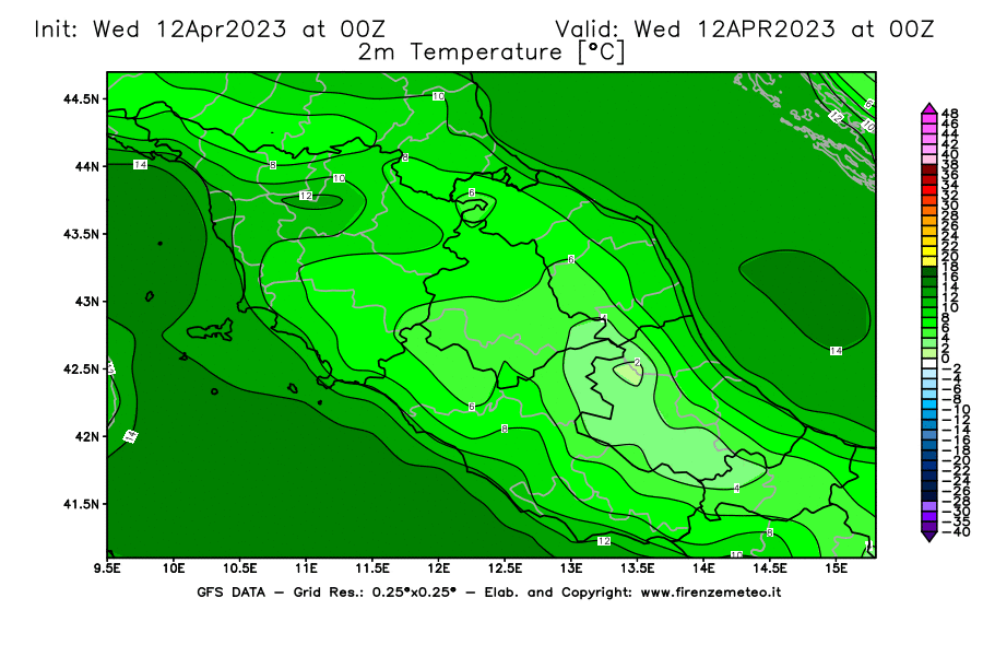 GFS analysi map - Temperature at 2 m above ground [°C] in Central Italy
									on 12/04/2023 00 <!--googleoff: index-->UTC<!--googleon: index-->