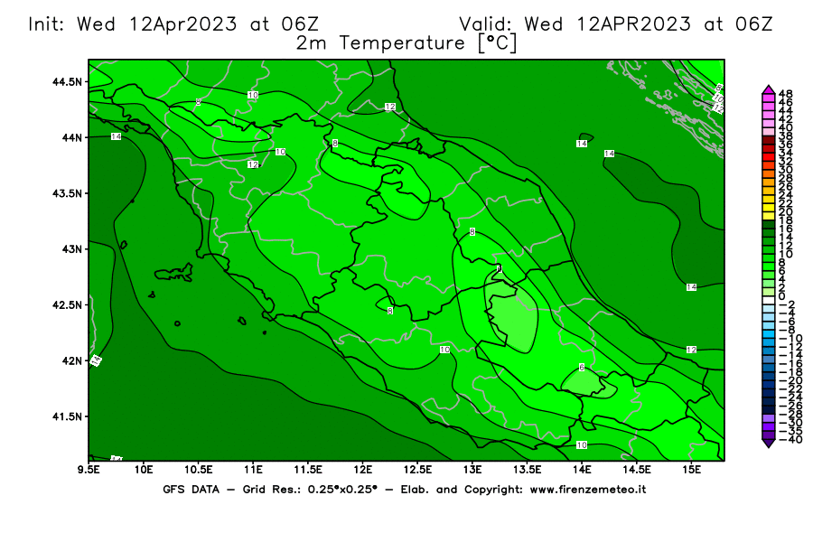 GFS analysi map - Temperature at 2 m above ground [°C] in Central Italy
									on 12/04/2023 06 <!--googleoff: index-->UTC<!--googleon: index-->