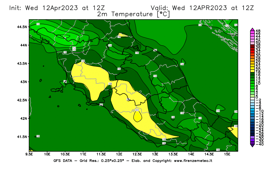 GFS analysi map - Temperature at 2 m above ground [°C] in Central Italy
									on 12/04/2023 12 <!--googleoff: index-->UTC<!--googleon: index-->