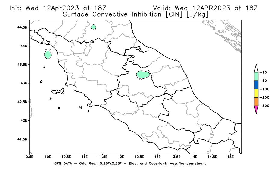 GFS analysi map - CIN [J/kg] in Central Italy
									on 12/04/2023 18 <!--googleoff: index-->UTC<!--googleon: index-->