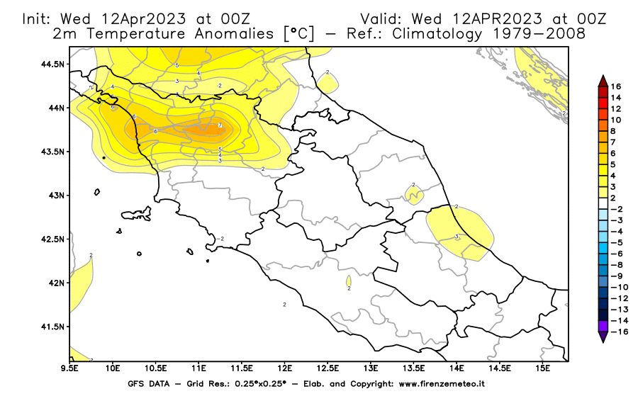 GFS analysi map - Temperature Anomalies [°C] at 2 m in Central Italy
									on 12/04/2023 00 <!--googleoff: index-->UTC<!--googleon: index-->