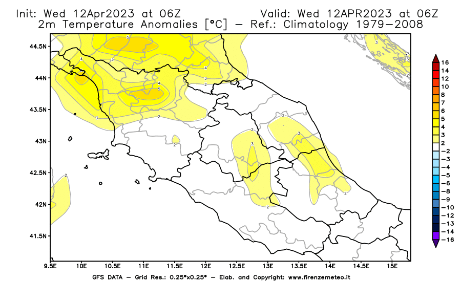 GFS analysi map - Temperature Anomalies [°C] at 2 m in Central Italy
									on 12/04/2023 06 <!--googleoff: index-->UTC<!--googleon: index-->