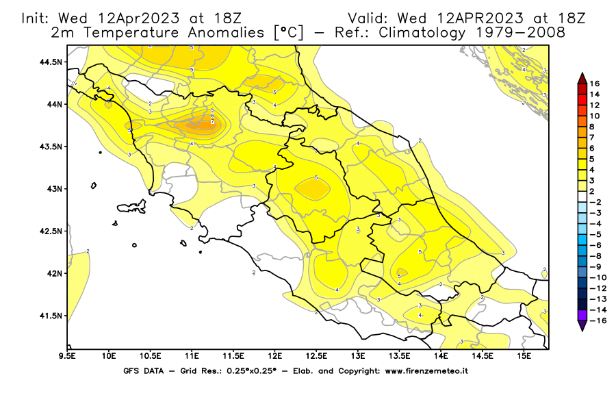 GFS analysi map - Temperature Anomalies [°C] at 2 m in Central Italy
									on 12/04/2023 18 <!--googleoff: index-->UTC<!--googleon: index-->