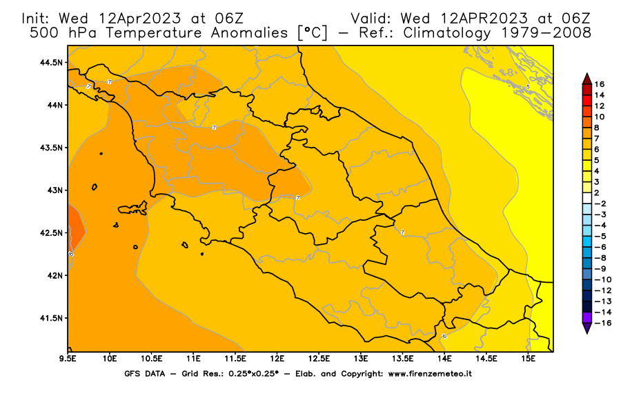 GFS analysi map - Temperature Anomalies [°C] at 500 hPa in Central Italy
									on 12/04/2023 06 <!--googleoff: index-->UTC<!--googleon: index-->