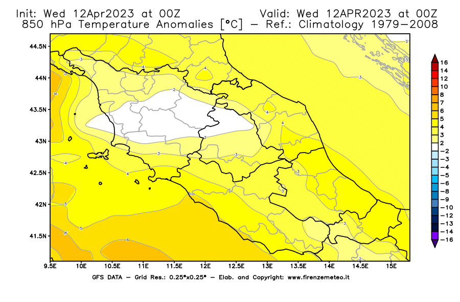 GFS analysi map - Temperature Anomalies [°C] at 850 hPa in Central Italy
									on 12/04/2023 00 <!--googleoff: index-->UTC<!--googleon: index-->