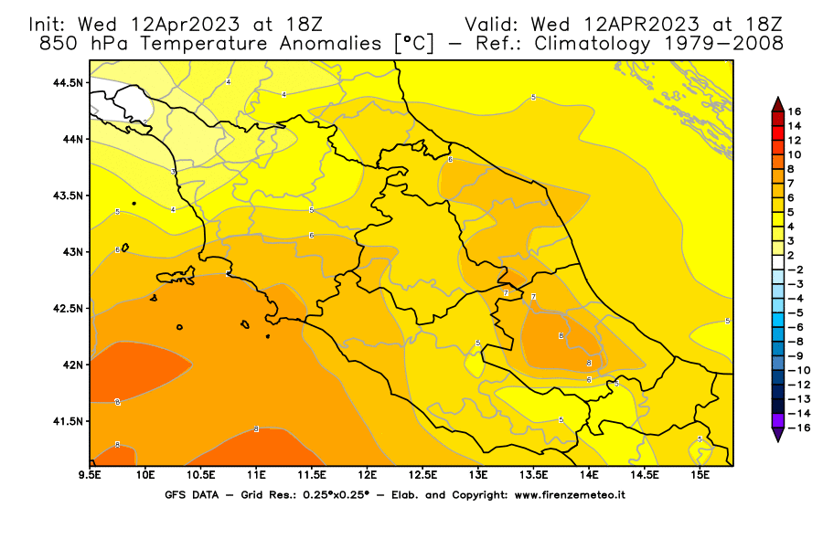 GFS analysi map - Temperature Anomalies [°C] at 850 hPa in Central Italy
									on 12/04/2023 18 <!--googleoff: index-->UTC<!--googleon: index-->