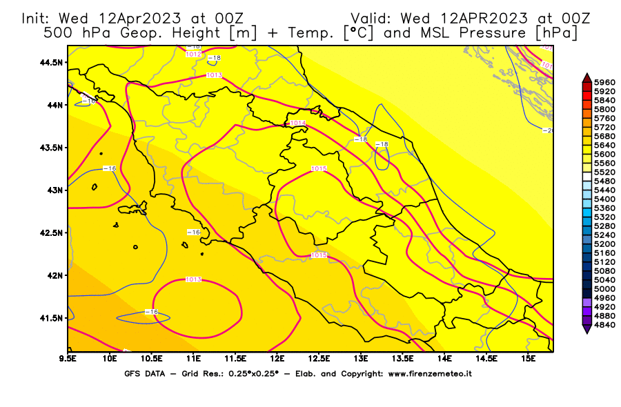 GFS analysi map - Geopotential [m] + Temp. [°C] at 500 hPa + Sea Level Pressure [hPa] in Central Italy
									on 12/04/2023 00 <!--googleoff: index-->UTC<!--googleon: index-->