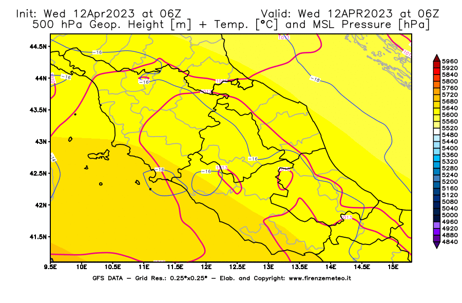 GFS analysi map - Geopotential [m] + Temp. [°C] at 500 hPa + Sea Level Pressure [hPa] in Central Italy
									on 12/04/2023 06 <!--googleoff: index-->UTC<!--googleon: index-->