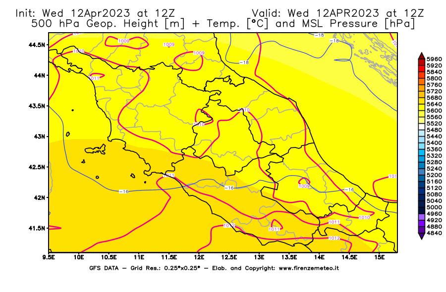 GFS analysi map - Geopotential [m] + Temp. [°C] at 500 hPa + Sea Level Pressure [hPa] in Central Italy
									on 12/04/2023 12 <!--googleoff: index-->UTC<!--googleon: index-->
