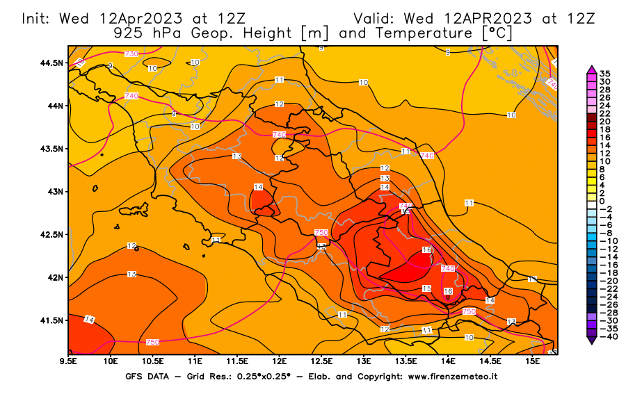 GFS analysi map - Geopotential [m] and Temperature [°C] at 925 hPa in Central Italy
									on 12/04/2023 12 <!--googleoff: index-->UTC<!--googleon: index-->