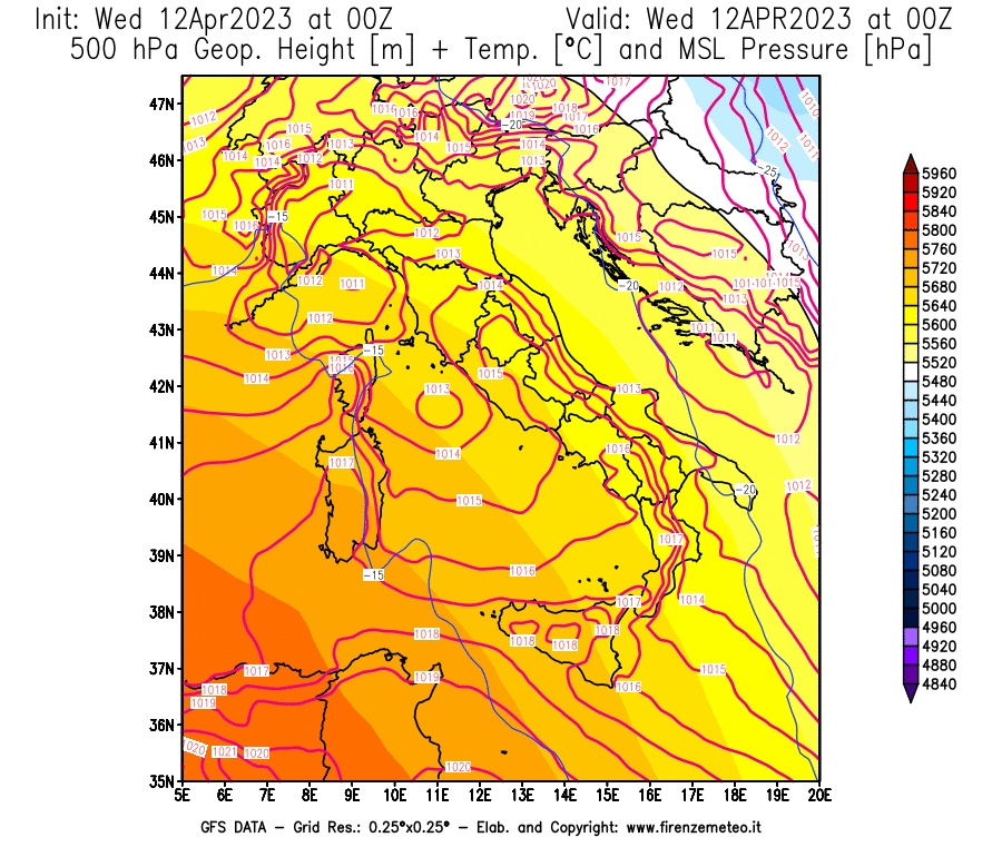 GFS analysi map - Geopotential [m] + Temp. [°C] at 500 hPa + Sea Level Pressure [hPa] in Italy
									on 12/04/2023 00 <!--googleoff: index-->UTC<!--googleon: index-->